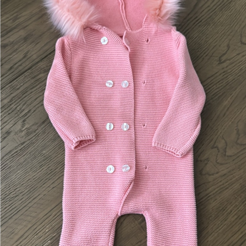Pink Knitted Onesie with Faux Fur Hood